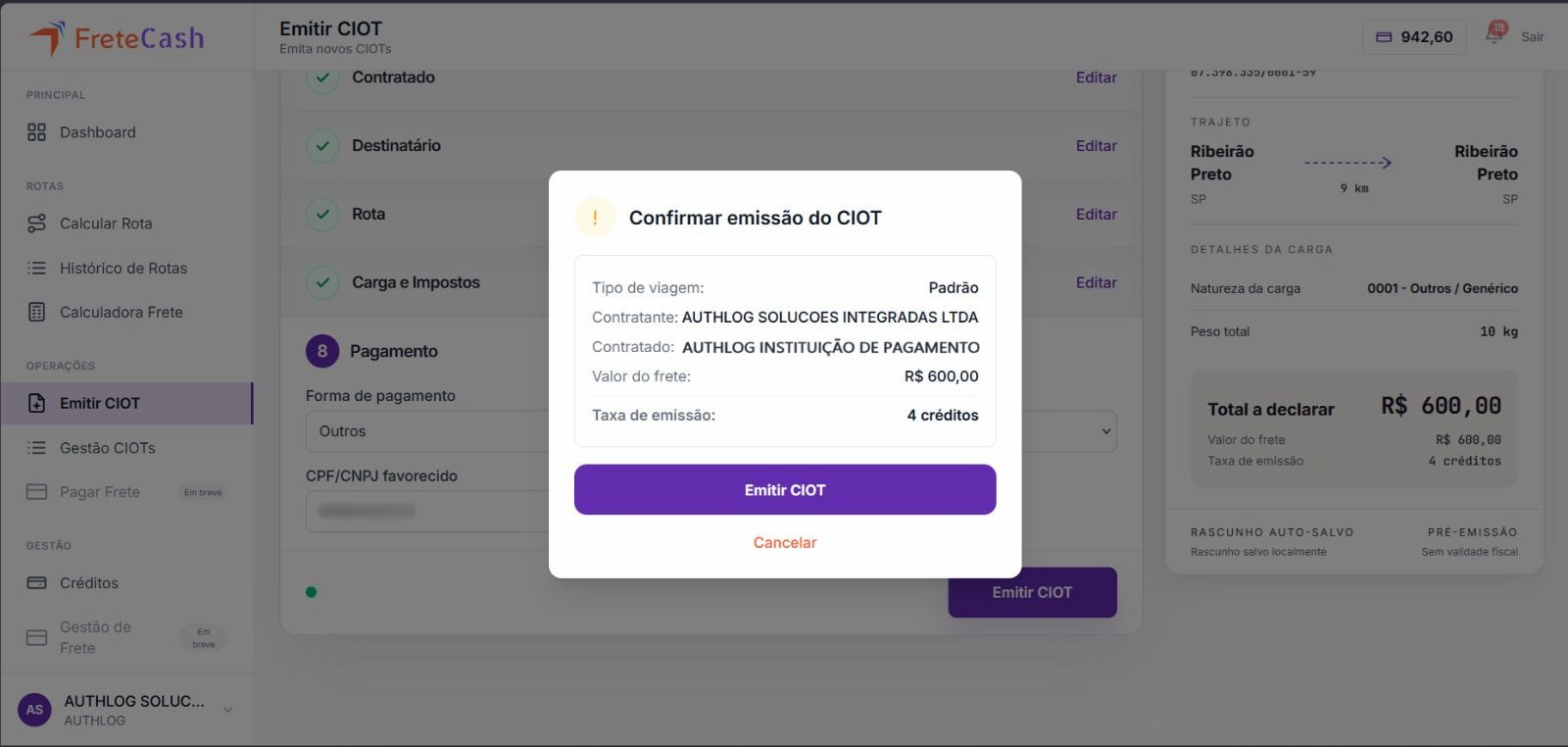 Painel FreteCash — emissão de CIOT, créditos e fluxo de pagamento